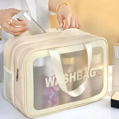 Frosted Translucent 2 Grid Wash Bag with Zipper & Handle, 1 Count Portable Cosmetic Storage Bags, Large Capacity Toiletry Bag...