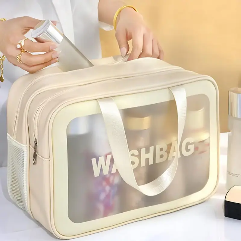 Frosted Translucent 2 Grid Wash Bag with Zipper & Handle, 1 Count Portable Cosmetic Storage Bags, Large Capacity Toiletry Bag...