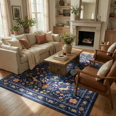 Garvee Extra Large Area Rug 10x13 Blue Washable Non Slip Floral Peacock Printed Rug for Living Room Bedroom Nursery Office