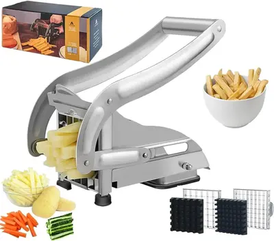 French Fry Cutter Potato Slicer, Stainless Steel Vegetable and Potato Cutter, Includes 2 Blades and Non-Slip Suction Base Kit...
