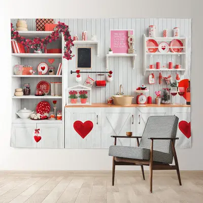 Aperturee White Kitchen Red Heart Valentines Day Backdrop