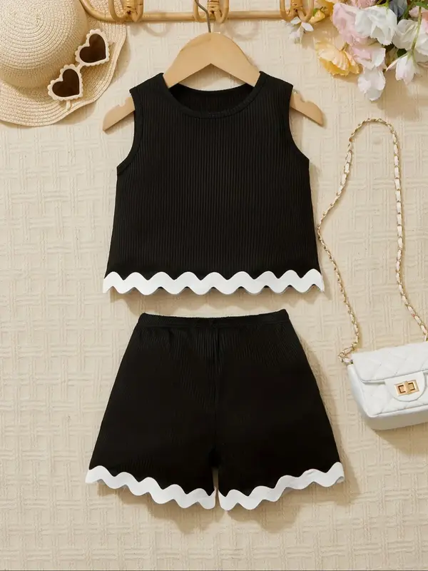 Two-Piece Set Girl's Contrast Binding Tank Top & Shorts Set, Casual Sleeveless Top & Shorts for Summer, Kids Clothes for Dail...