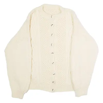 Womens Aran Cardigan Cream Crew Neck 90s Cable Knit Wool XL