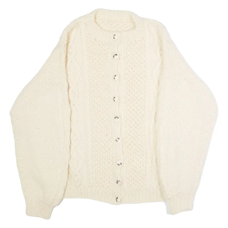 Womens Aran Cardigan Cream Crew Neck 90s Cable Knit Wool XL