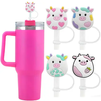 Cartoon Animal Design Straw Cover, 4 Counts/set Leakproof Cute Straw Topper, Straw Tip Cover for 30 & 40oz Water Bottles [wit...