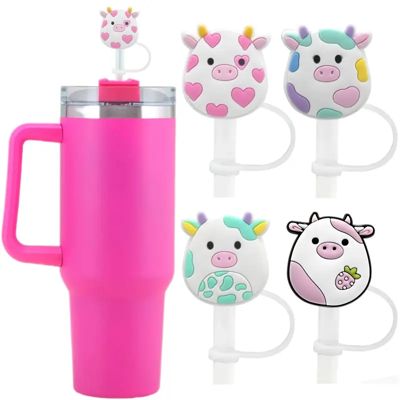 Cartoon Animal Design Straw Cover, 4 Counts/set Leakproof Cute Straw Topper, Straw Tip Cover for 30 & 40oz Water Bottles [wit...