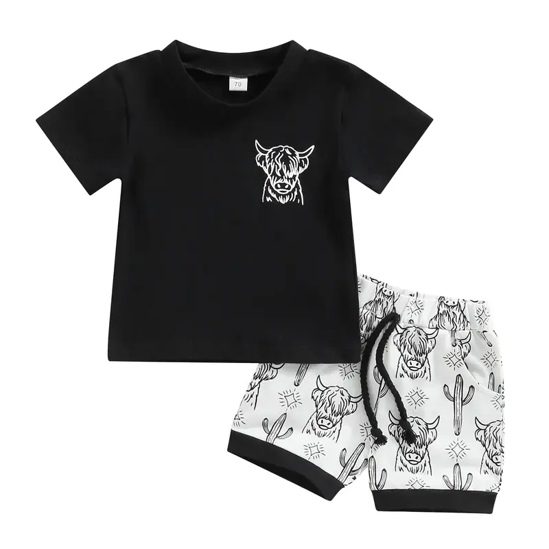 Baby Boys Short Set, Short Sleeve Bull Head Print T-shirt with Cactus Print Shorts Summer Outfit