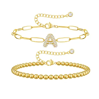 TEWIKY Initial CZ Bubble Bracelets For Women Trendy A-Z Beaded Bubble Letter Bracelet Adjustable Paperclip Chain Bracelets Fo...