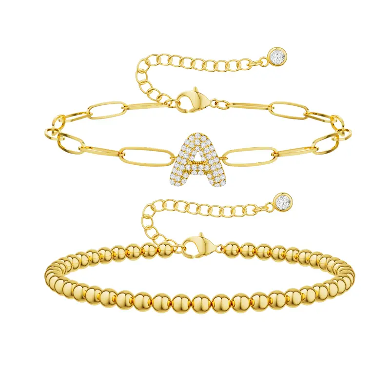 TEWIKY Initial CZ Bubble Bracelets For Women Trendy A-Z Beaded Bubble Letter Bracelet Adjustable Paperclip Chain Bracelets Fo...