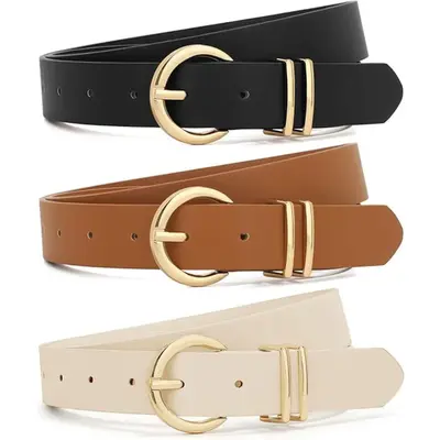 3 Pack Women Belts For Jeans Dresses Pants Ladies Leather Waist Belt with Gold Buckle,Hand Tools Kits (Round Buckle Black+Bro...