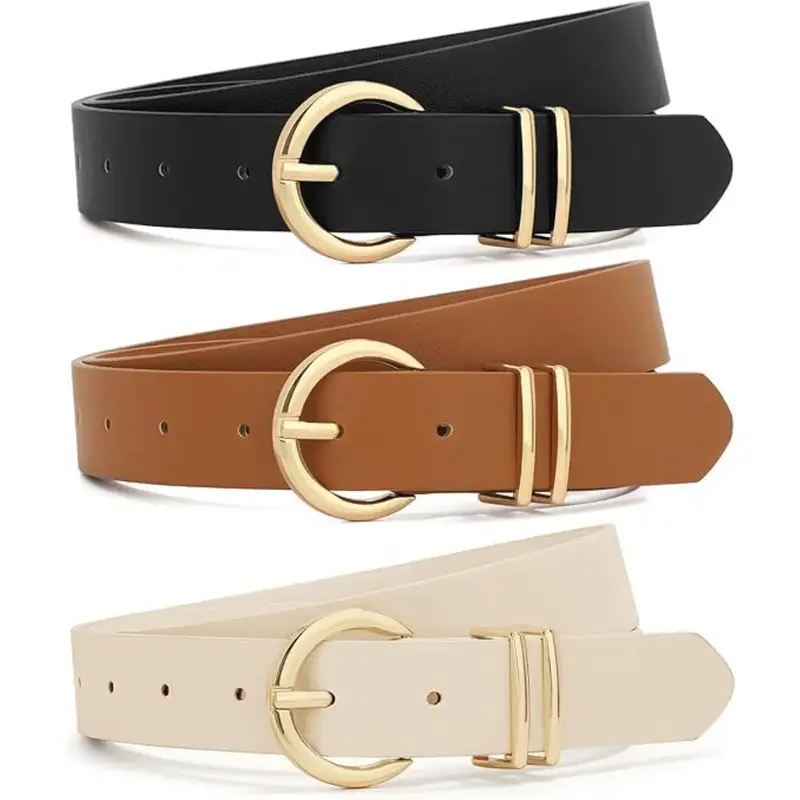 3 Pack Women Belts For Jeans Dresses Pants Ladies Leather Waist Belt with Gold Buckle,Hand Tools Kits (Round Buckle Black+Bro...