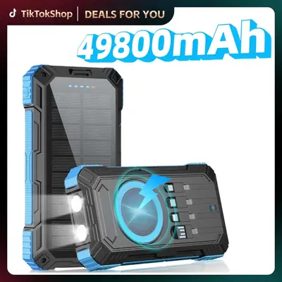 Solar Power Bank 49800mAh | 15W Wireless Charging | Built-in 4 Cables | 22.5W PD Fast Charging | Rugged Outdoor Power Bank fo...