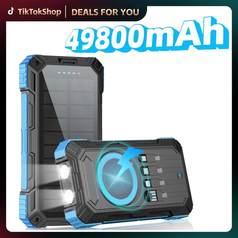 Solar Power Bank 49800mAh | 15W Wireless Charging | Built-in 4 Cables | 22.5W PD Fast Charging | Rugged Outdoor Power Bank fo...