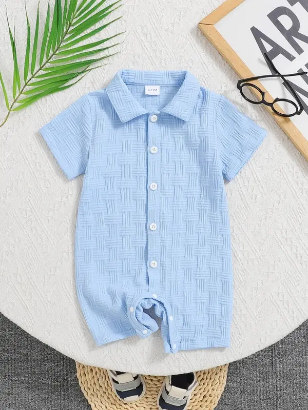 Baby's Waffle Knit Short Sleeve Button Closure Onesie, Casual Comfy for Infant, Newborn Baby Clothes for Summer