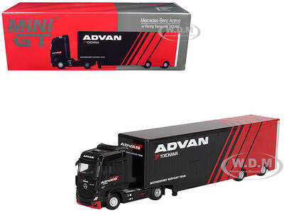 Mercedes-Benz Actros with Racing Transporter Red and Black ADVAN 1/64 Diecast Model by Mini GT