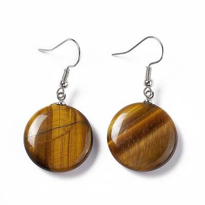Natural Tiger Eye Flat Round Dangle Earrings