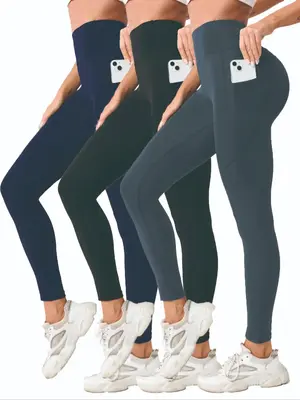 Women's Solid High Waist Pocket Sports Leggings, Sporty Quick Drying Skinny Pants for Yoga Gym Workout Running, Women Sport &...