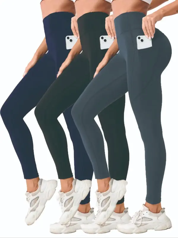 Women's Solid High Waist Pocket Sports Leggings, Sporty Quick Drying Skinny Pants for Yoga Gym Workout Running, Women Sport &...