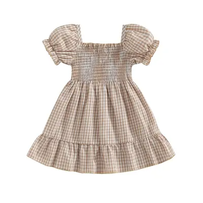 Toddler Baby Girl Dress Cotton Linen Puff Sleeve Smocked Dress Casual Playwear Sundress Fall Spring Clothes Cute