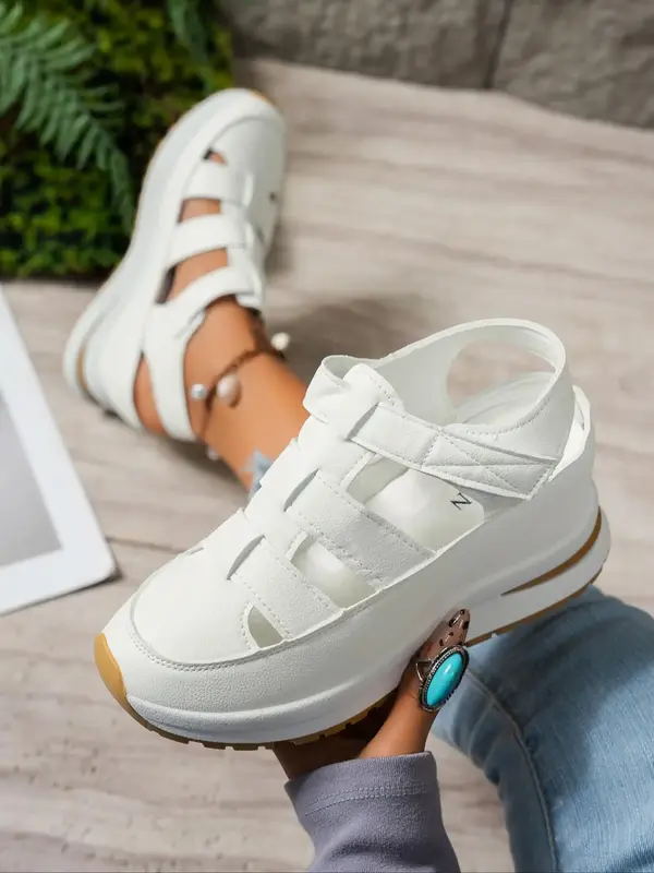 Women's Fashionable Velcro Fastening Wedge Sandals, Casual Comfortable Soft Sole Sandals for Summer, Female All-match Round T...