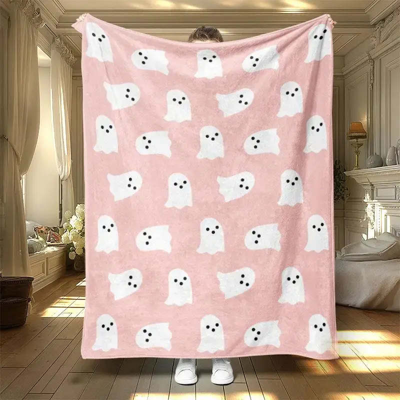 Halloween Theme Flannel Blanket with Ghost Print, Soft Warm Throw for Office Living Room Bed Sofa Nap Air Conditioning Use, D...