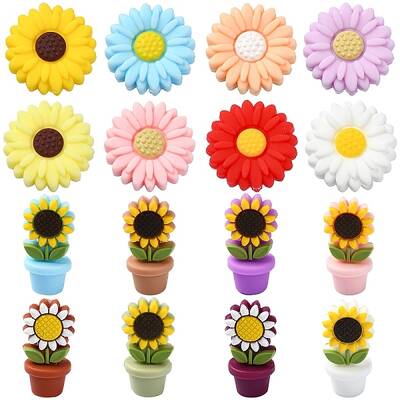 16Pcs 16 Styles Sunflower/Daisy Flowerpot Food Grade Eco-Friendly Silicone Beads