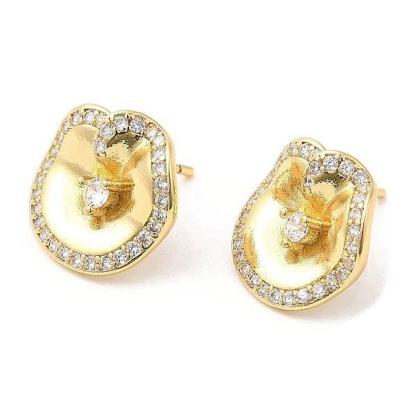Brass Twist Flat Round Stud Earrings with Clear Cubic Zirconia