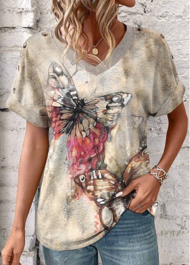 Modlily Light Camel Patchwork Butterfly Print Short Sleeve T Shirt - XXL