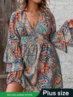 【Plus Size】 All Over Paisley Print Ruffle Trim Bell Sleeves Flounce Sleeve Dress, Boho Deep V Neck Long Sleeve A Line Dr...