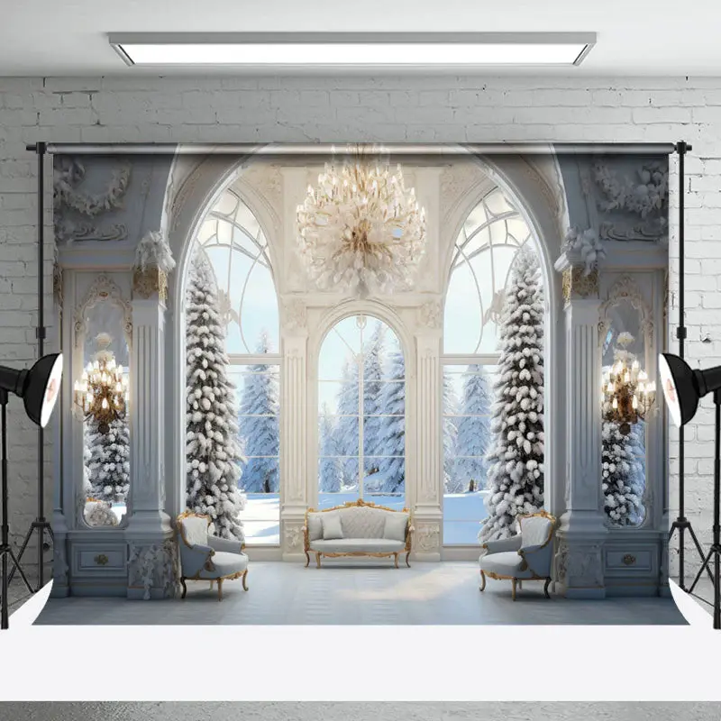 White Snowy Tree Luxury Window Winter Photo Backdrop - Aperturee