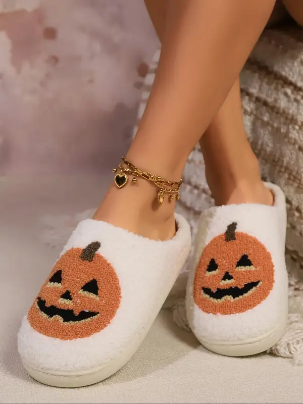 Women's Cute Pumpkin & Dog Embroidering Design Plush Slippers, Casual Soft Comfortable Home Slippers, Warm Slippers for Indoo...