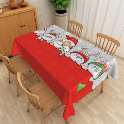 Lovely Rabbits Santa Red And Grey Christmas Tablecloth - Aperturee