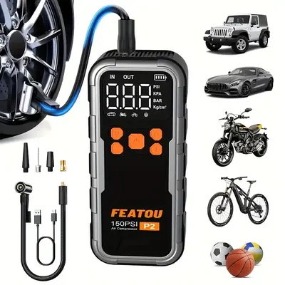Featou P2 Pro Portable Tire Inflator 150PSI High-Pressure with Smart ON/OFF Hose Design, Lightweight 17oz Springtok, Cordless...