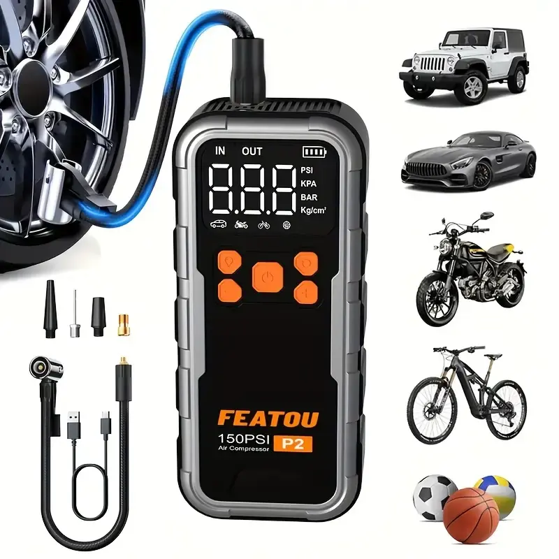 Featou P2 Pro Portable Tire Inflator 150PSI High-Pressure with Smart ON/OFF Hose Design, Lightweight 17oz Springtok, Cordless...