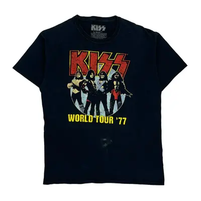 World Tour '77 Kiss Band T-Shirt - Large Black Cotton