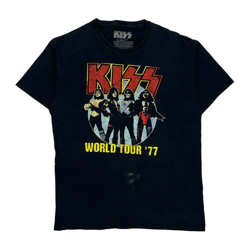 World Tour '77 Kiss Band T-Shirt - Large Black Cotton