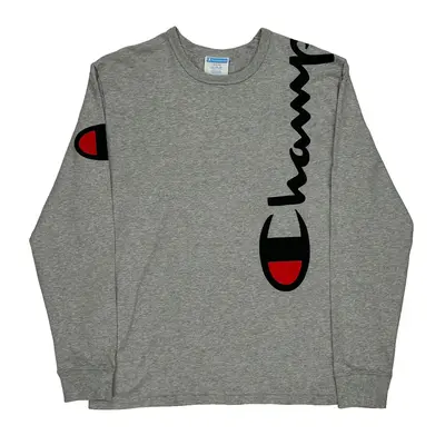 Champion Spellout Long Sleeve T-Shirt - Large Grey Cotton
