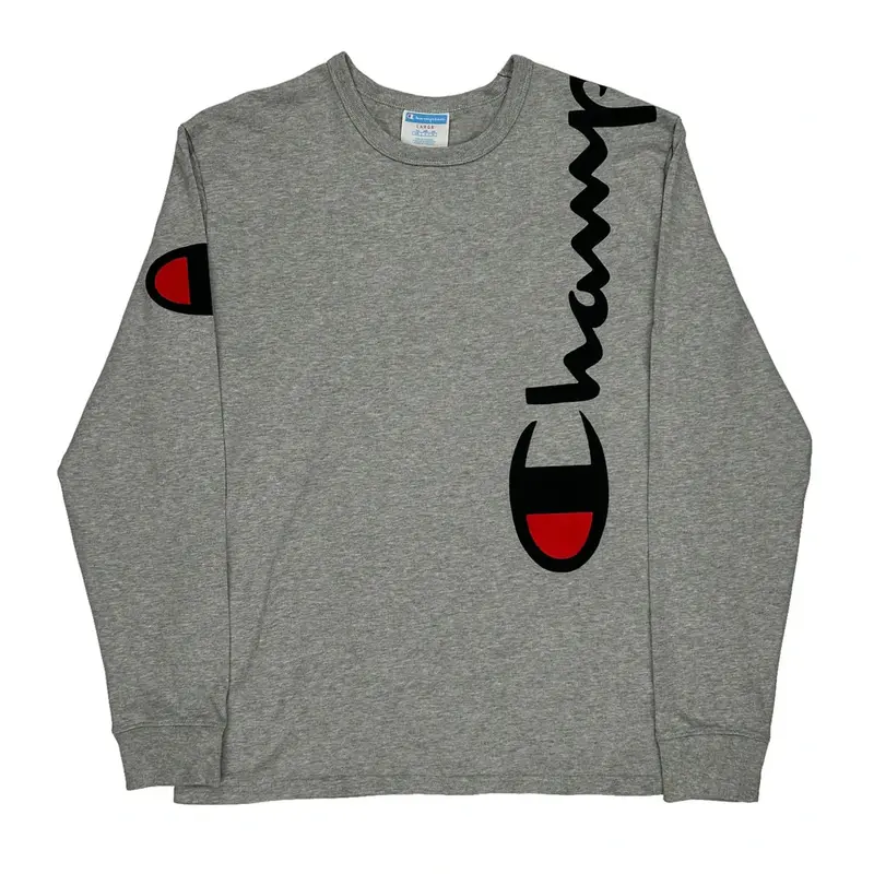 Champion Spellout Long Sleeve T-Shirt - Large Grey Cotton
