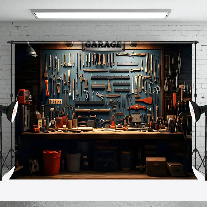 Aperturee Auto Repair Tools Dim Lights Garage Photo Backdrop