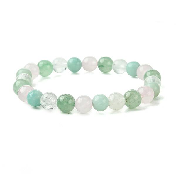 Natural Amazonite & Rose Quartz & Quartz Crystal & Green Aventurine Round Beaded Stretch Bracelets
