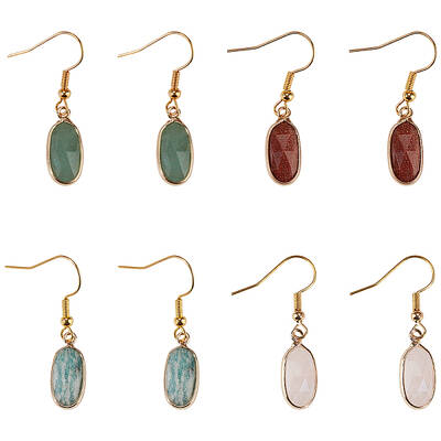 4 Pair 4 Style Natural & Synthetic Mixed Gemstone Oval Dangle Earrings with Iron Pins