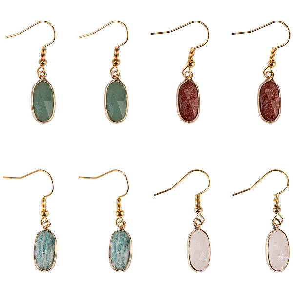 4 Pair 4 Style Natural & Synthetic Mixed Gemstone Oval Dangle Earrings with Iron Pins