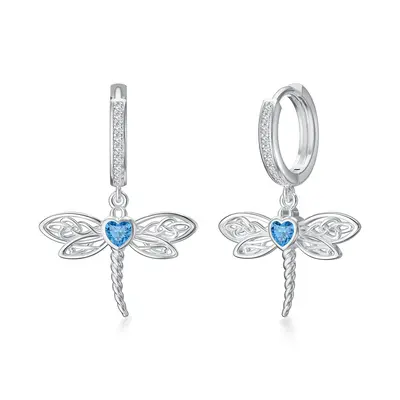 Sterling Silver Blue Heart Shaped Cubic Zirconia Dragonfly & Celtic Knot Drop Earrings