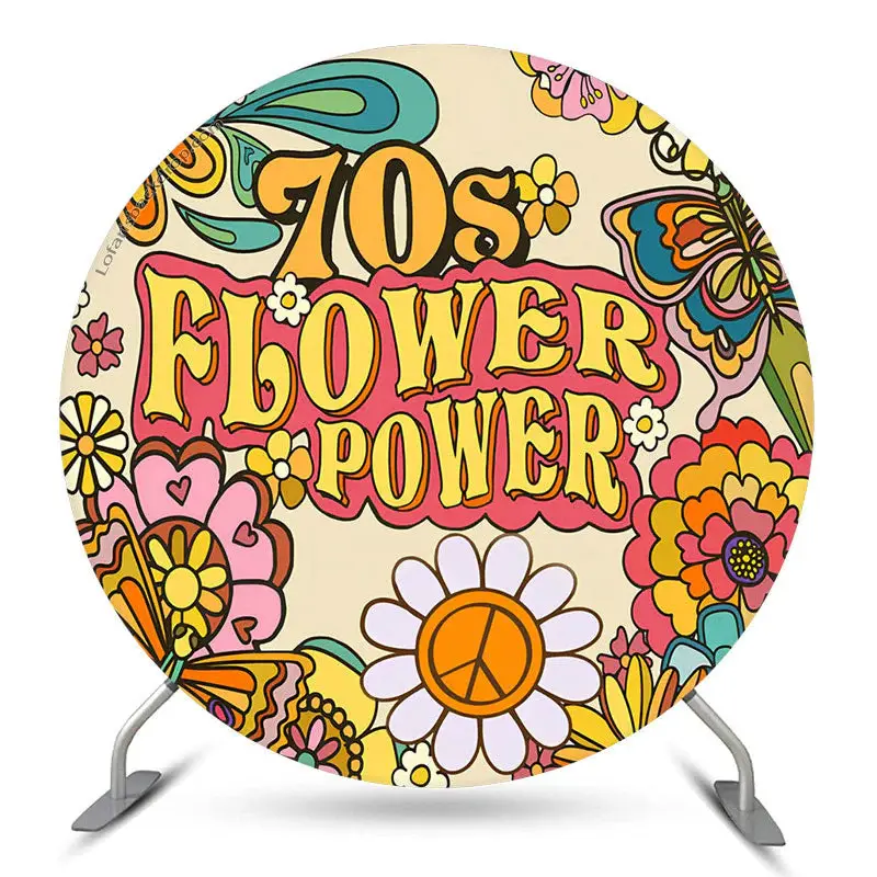 Aperturee 70S Flower Power Beige Round Birthday Party Backdrop | Birthday Round Backdrop Cover | Round Birthday Backdrop Cove...