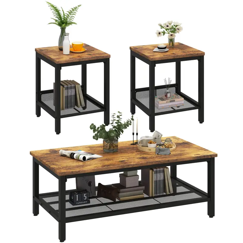 AWQM 3-Piece Coffee Table Set, Industrial Modern Tables with 2 Square End Tables, Metal Frame, Rustic Brown & Black for Livin...
