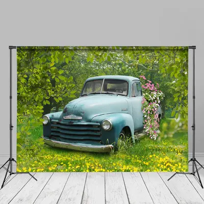Blue Car Flowers Forest Spring Photography Backdrop - Aperturee