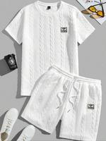 Men's Regular Fit Solid Jacquard Cable Knit Short Sleeve Tee & Drawstring Waist Shorts Set, Casual Fashion Cozy Breathable Tw...