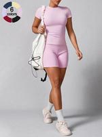Two-piece Set Women's Solid Round Neck Tee & Biker Shorts Sportswear Set, Sporty Casual Breathable Outfits for Gym Workout Ru...