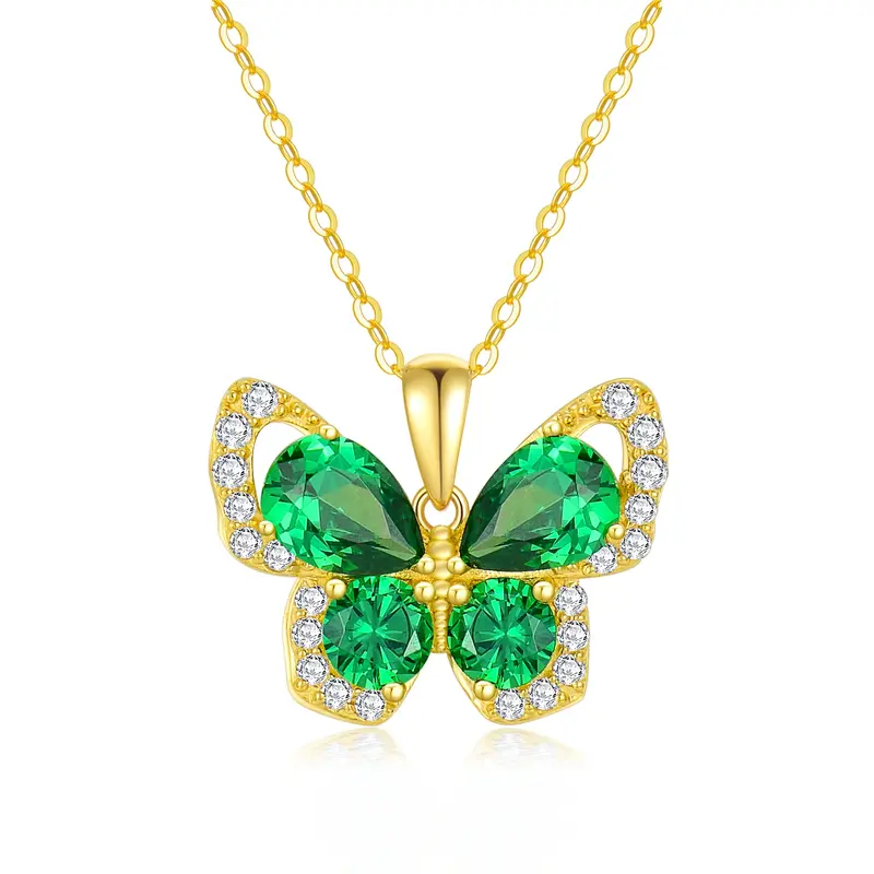 14K Gold Emerald Cubic Zirconia Butterfly Pendant Necklace