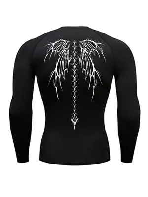 Men's Skeleton Wing Print Long Sleeve Sports Tee, Quick Drying Breathable Crew Neck T-Shirt, Sport & Outdoor Clothing for G...